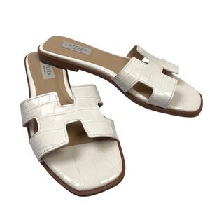 Steven Hanna White Croc Embossed Slide Sandals Square Toe Women's Sz 7 EUC